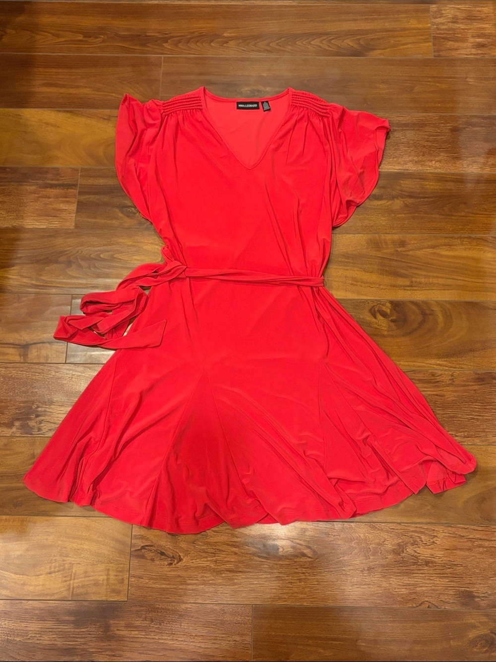 Nina Leonard Red V-Neck Flutter-Sleeve Fit-&-Flair Jersey Dress Belted Size M